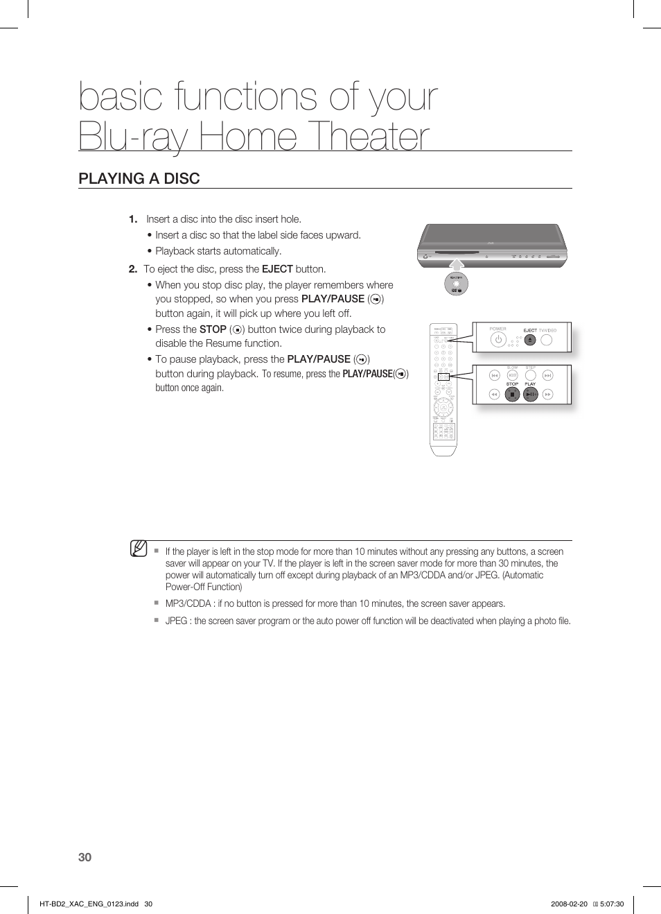 Playing a disc, Basic functions of your blu-ray home theater | Samsung AH68-02019S User Manual | Page 31 / 72