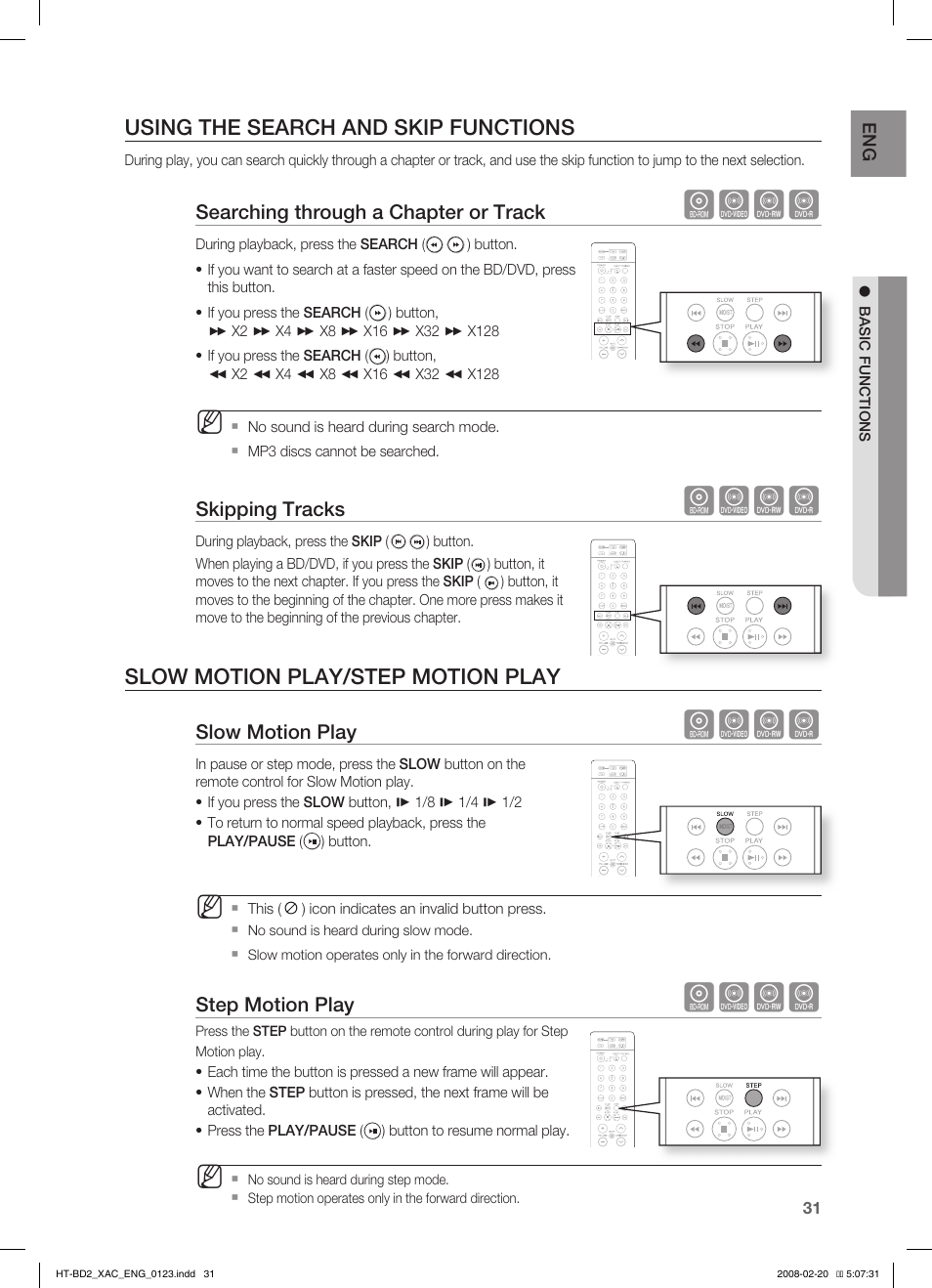 Using the search and skip functions, Slow motion play/step motion play, Hzcv | Samsung AH68-02019S User Manual | Page 32 / 72