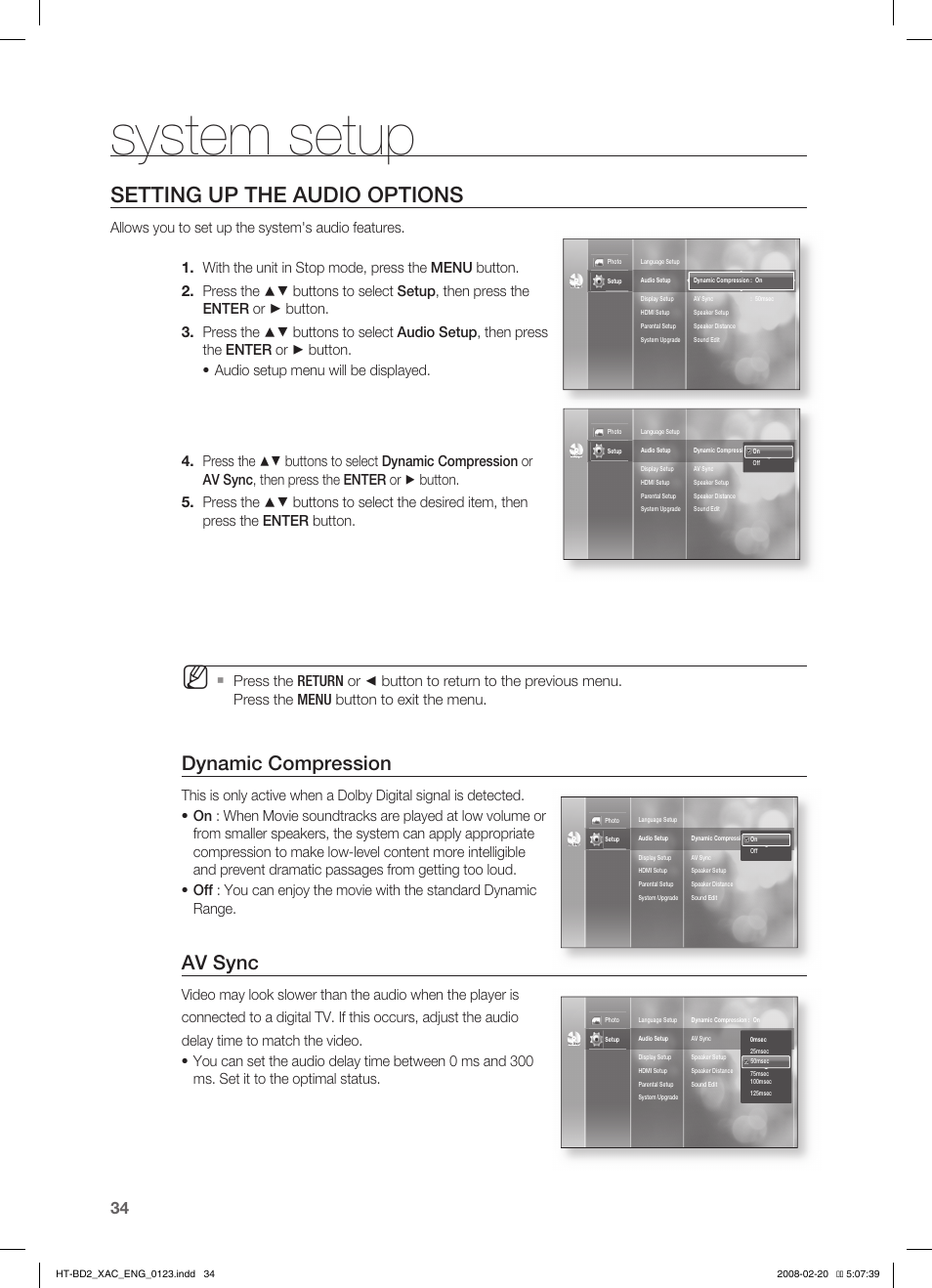 Setting up the audio options, System setup, Dynamic compression | Av sync | Samsung AH68-02019S User Manual | Page 35 / 72