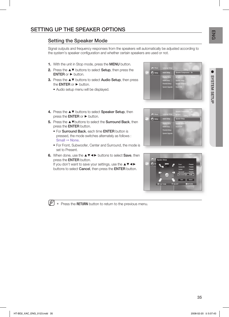 Setting up the speaker options, Setting the speaker mode, System setup | Samsung AH68-02019S User Manual | Page 36 / 72