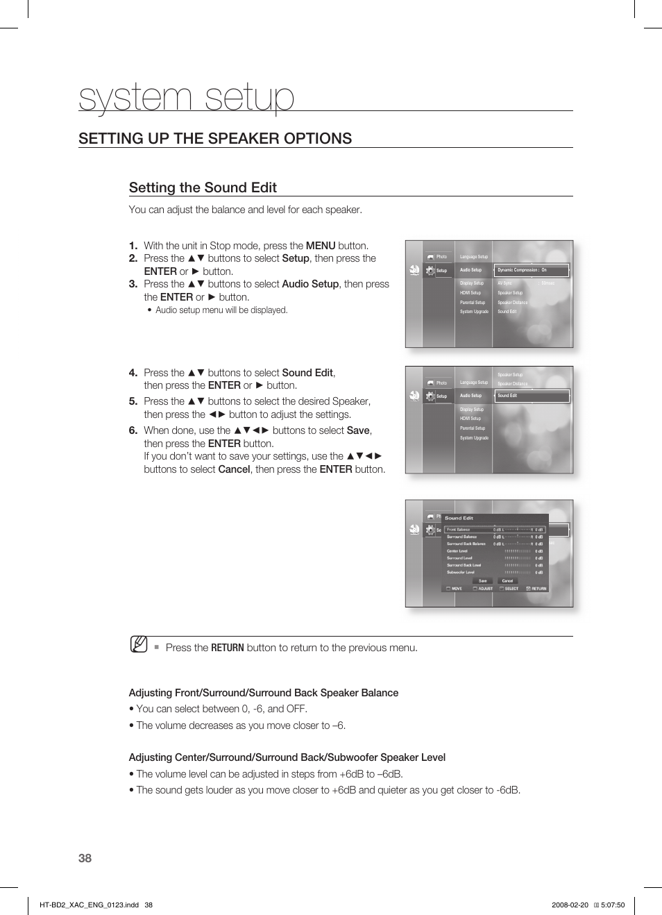 Setting up the speaker options, System setup, Setting the sound edit | Samsung AH68-02019S User Manual | Page 39 / 72