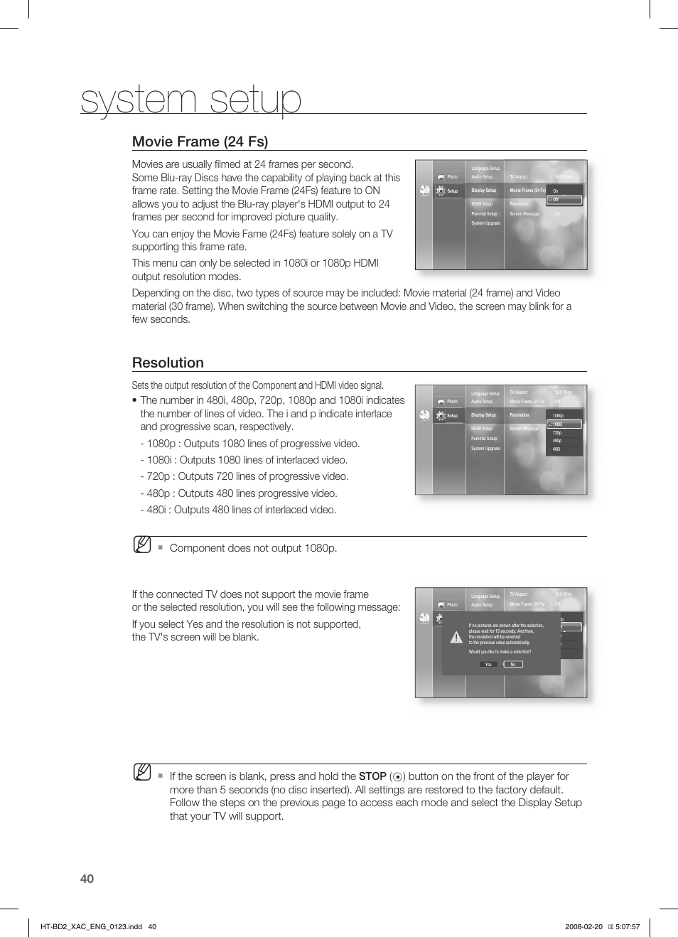 System setup, Movie frame (24 fs), Resolution | Samsung AH68-02019S User Manual | Page 41 / 72
