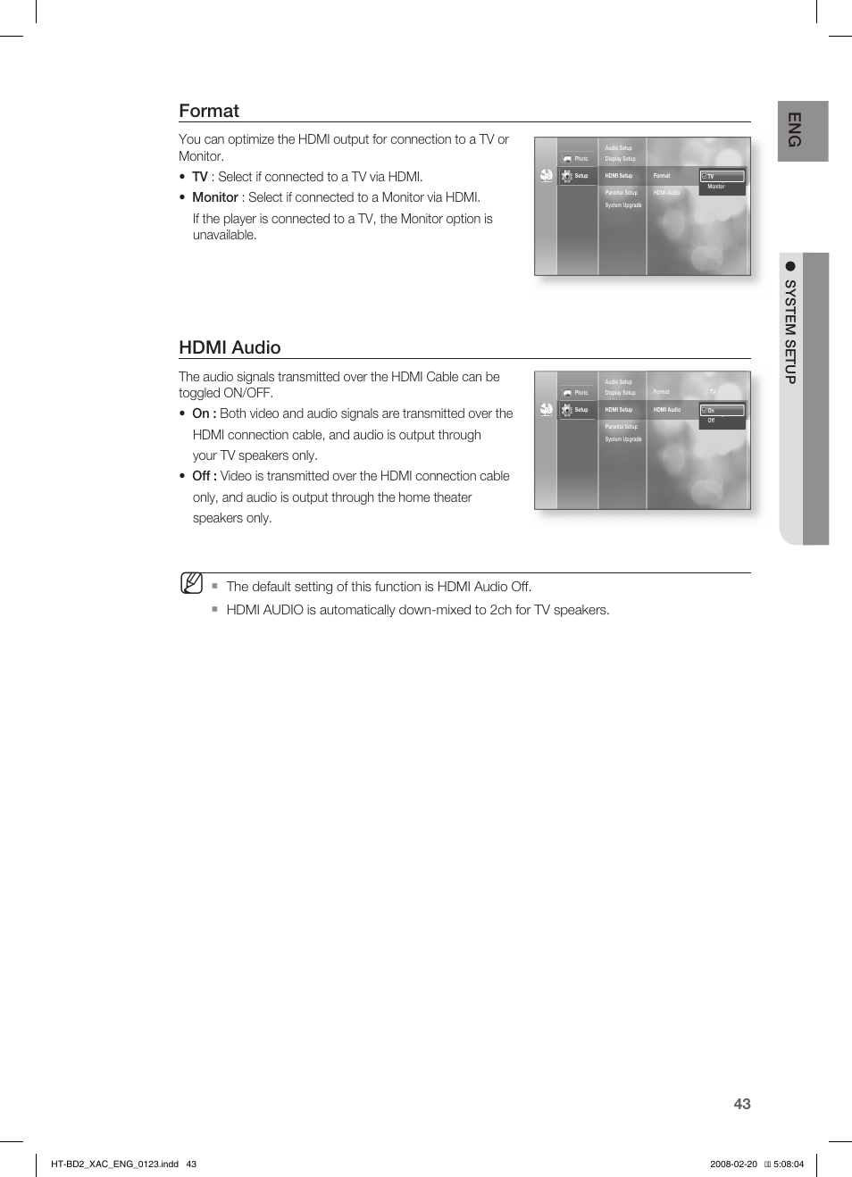 Format, Hdmi audio, System setup | Samsung AH68-02019S User Manual | Page 44 / 72