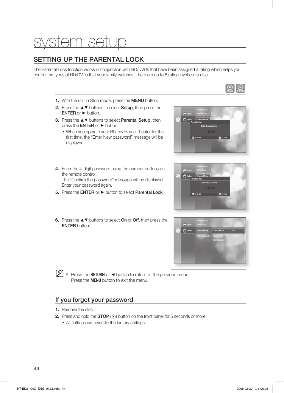 Setting up the parental lock, System setup, If you forgot your password | Samsung AH68-02019S User Manual | Page 45 / 72