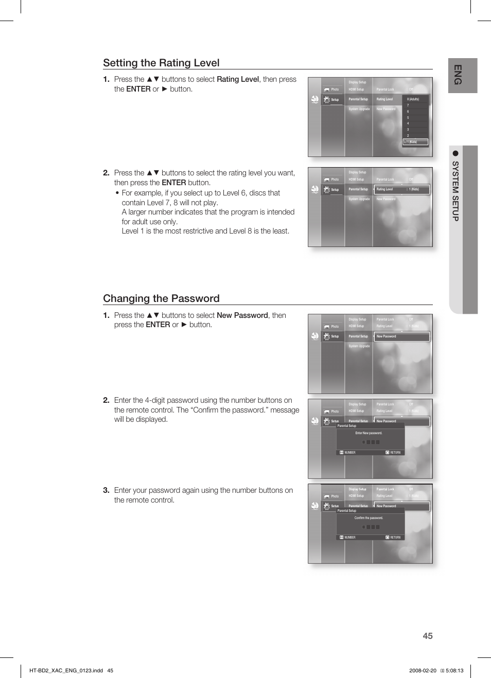 Setting the rating level, Changing the password, System setup | Samsung AH68-02019S User Manual | Page 46 / 72