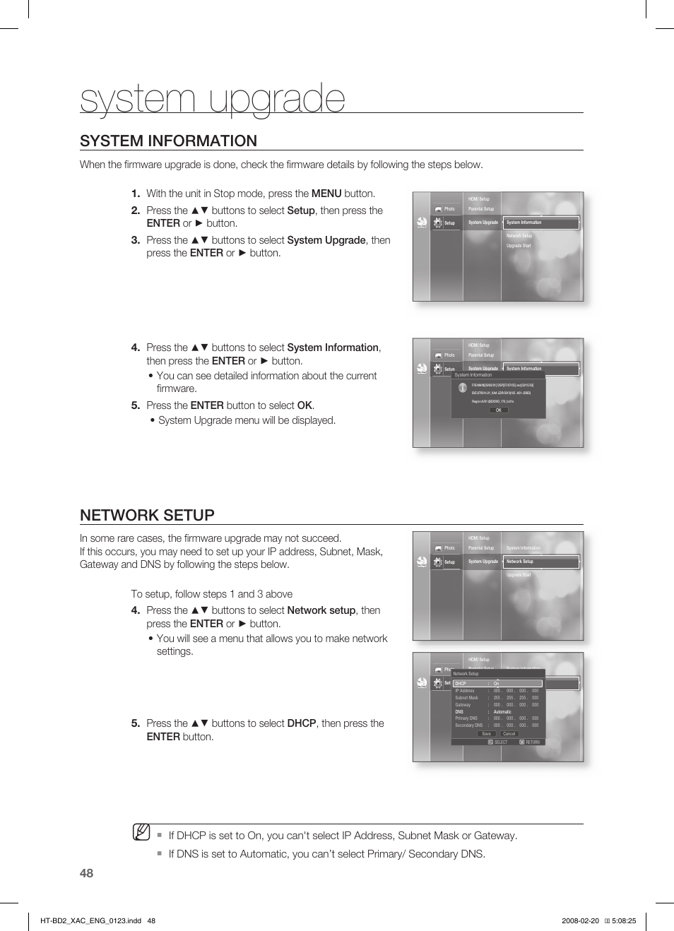 System information, Network setup, System upgrade | Samsung AH68-02019S User Manual | Page 49 / 72