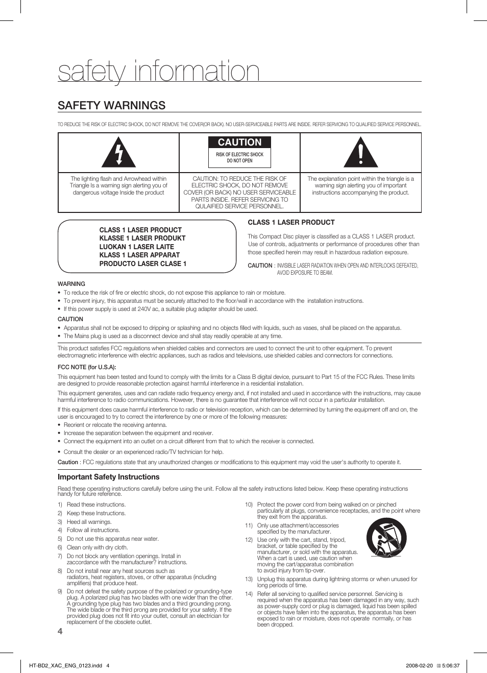 Safety information, Safety warnings, Caution | Samsung AH68-02019S User Manual | Page 5 / 72