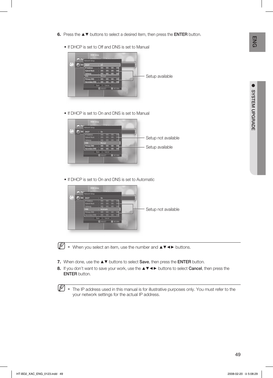 Setup not available setup available, Setup not available, Setup available | Samsung AH68-02019S User Manual | Page 50 / 72
