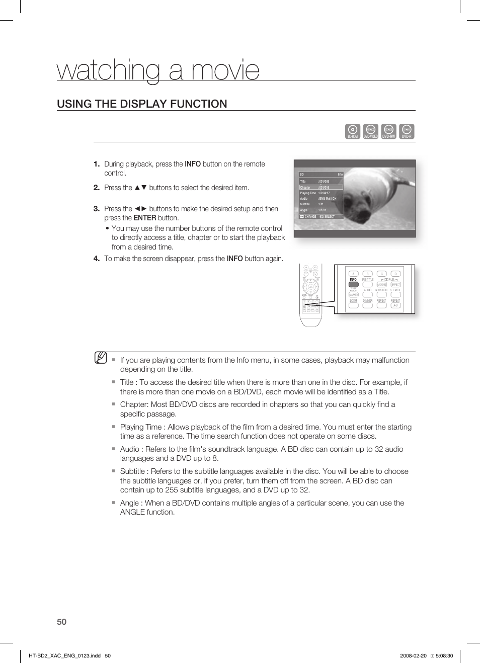 Watching a movie, Using the display function, Hzcv | Samsung AH68-02019S User Manual | Page 51 / 72