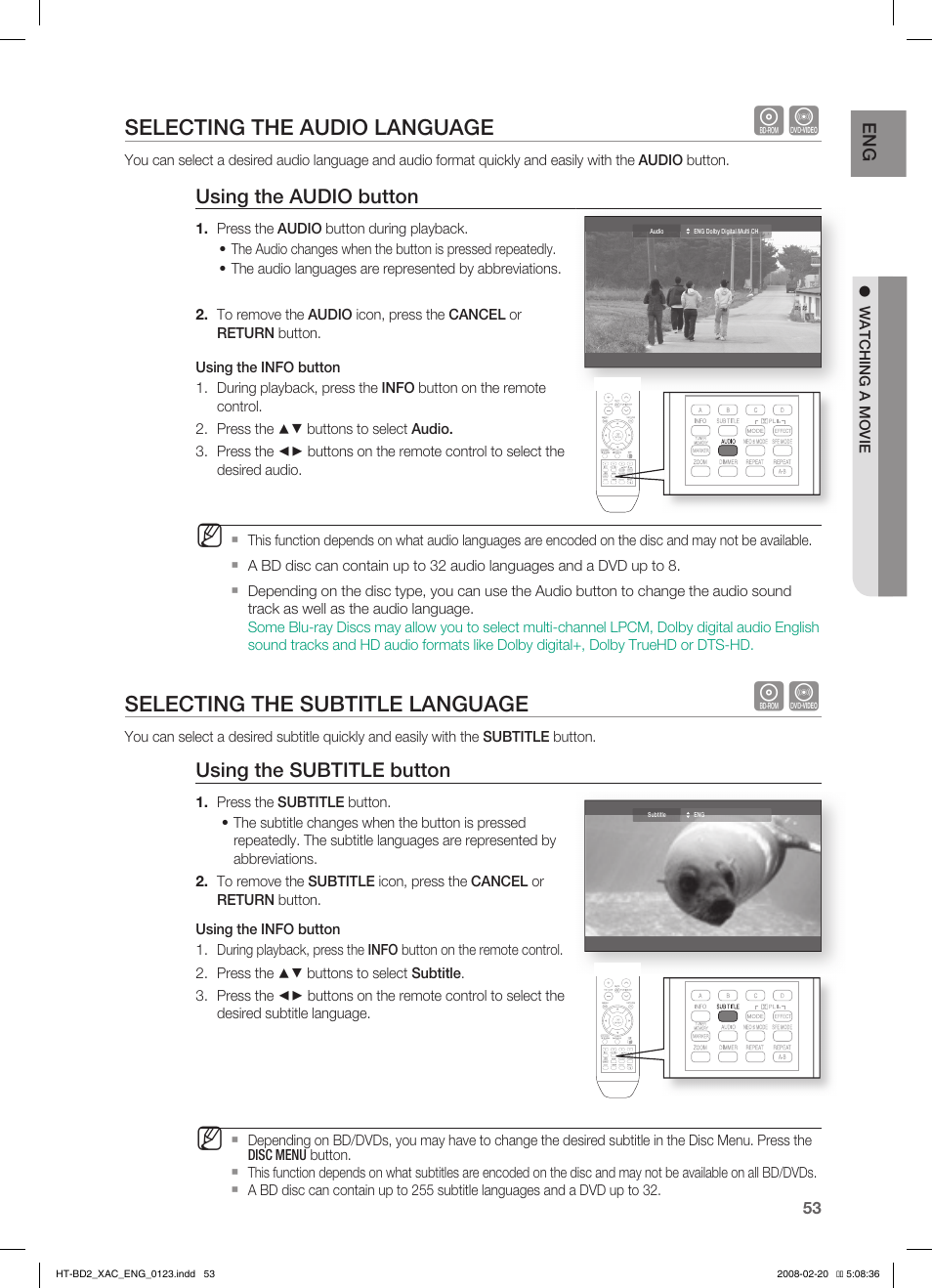 Selecting the audio language, Selecting the subtitle language, Using the audio button | Using the subtitle button | Samsung AH68-02019S User Manual | Page 54 / 72