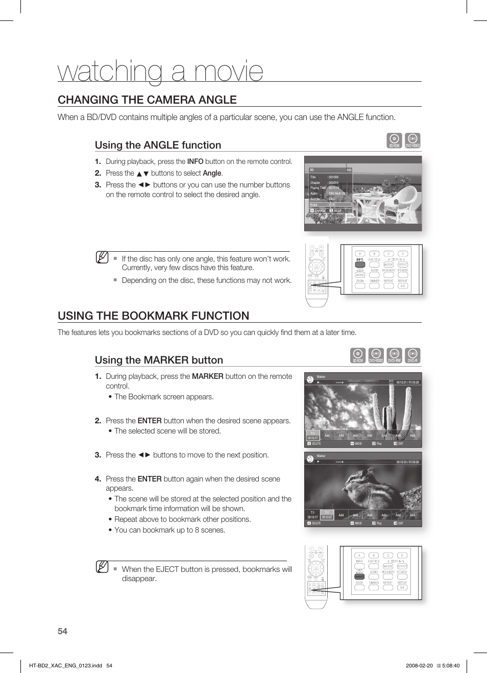 Changing the camera angle, Using the bookmark function, Watching a movie | Hzcv, Using the angle function, Using the marker button | Samsung AH68-02019S User Manual | Page 55 / 72