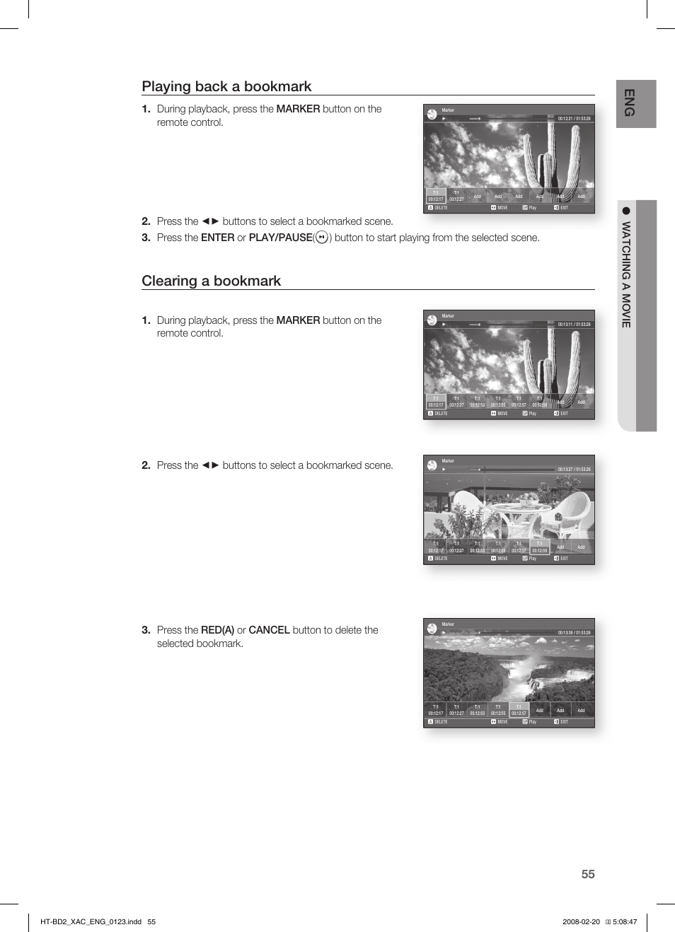 Playing back a bookmark, Clearing a bookmark, Watching a movie | Samsung AH68-02019S User Manual | Page 56 / 72