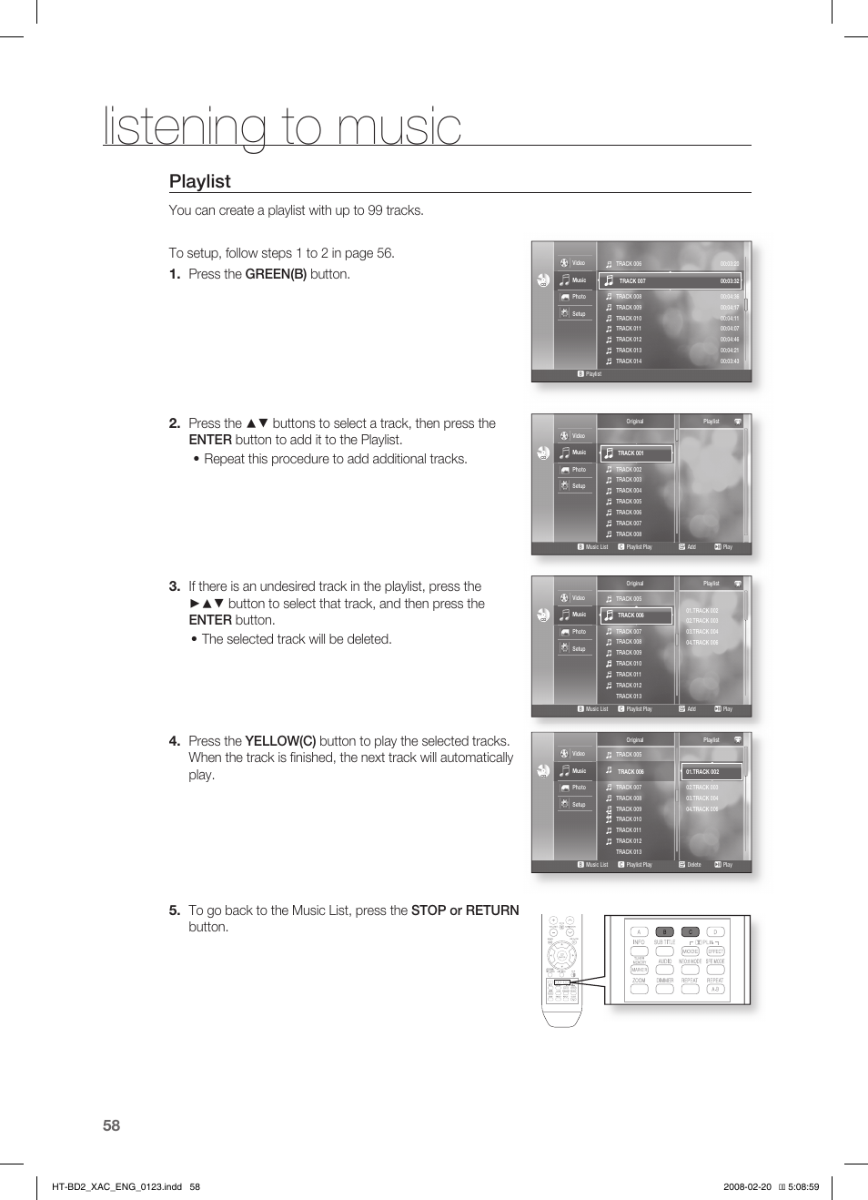 Listening to music, Playlist | Samsung AH68-02019S User Manual | Page 59 / 72