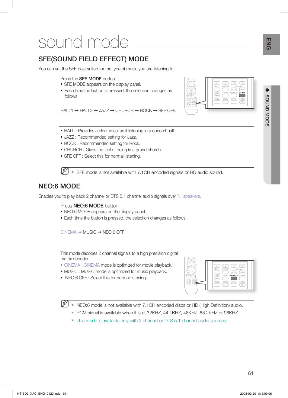 Sound mode, Sfe(sound field effect) mode, Neo:6 mode | Samsung AH68-02019S User Manual | Page 62 / 72