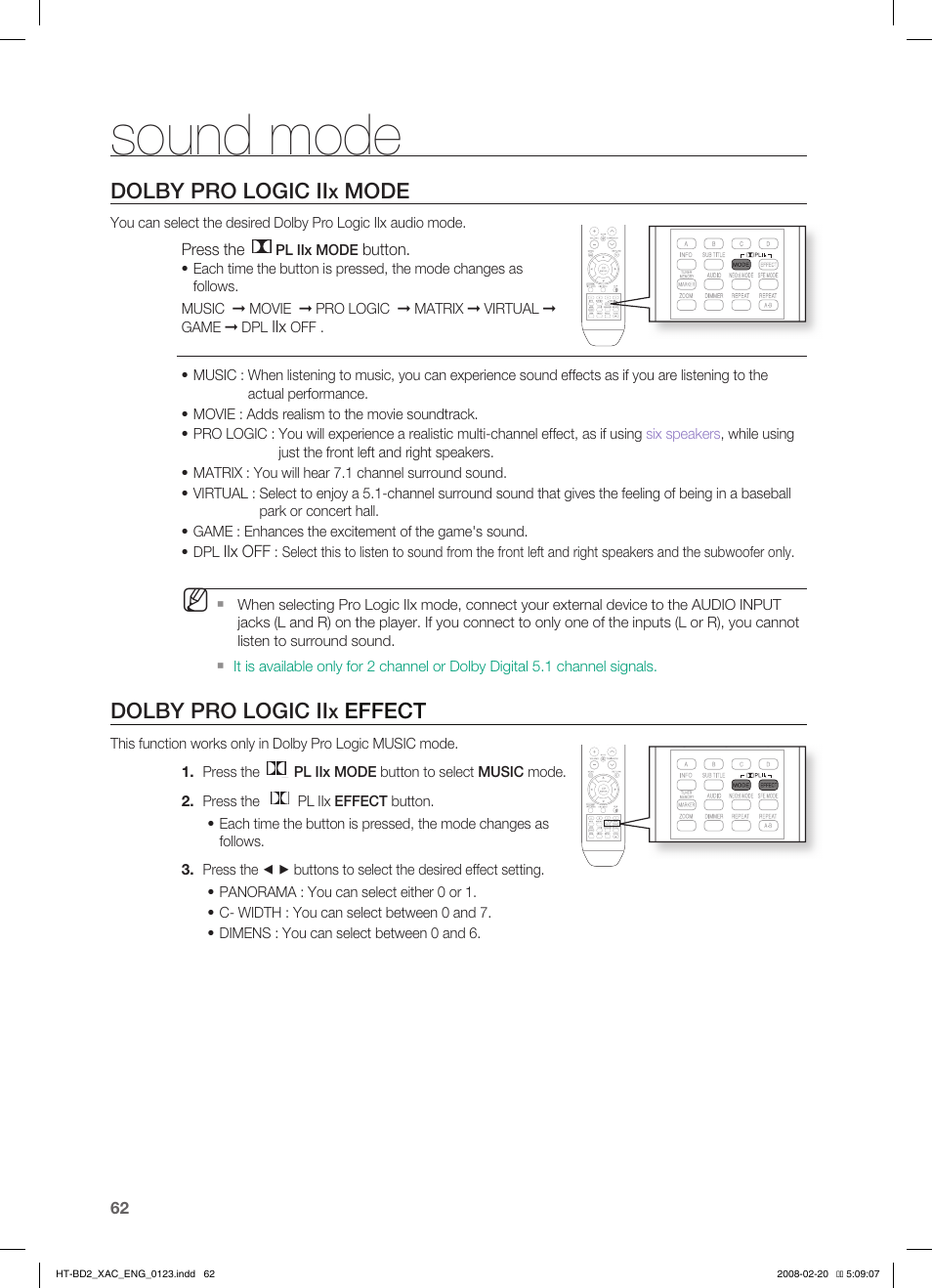 Dolby pro logic iix mode, Dolby pro logic iix effect, Sound mode | Dolby pro logic ii, Mode, Effect | Samsung AH68-02019S User Manual | Page 63 / 72