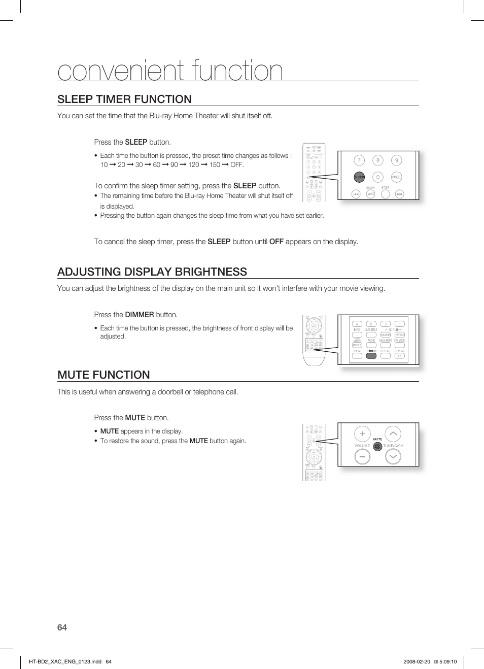Convenient function, Sleep timer function, Adjusting display brightness | Mute function | Samsung AH68-02019S User Manual | Page 65 / 72