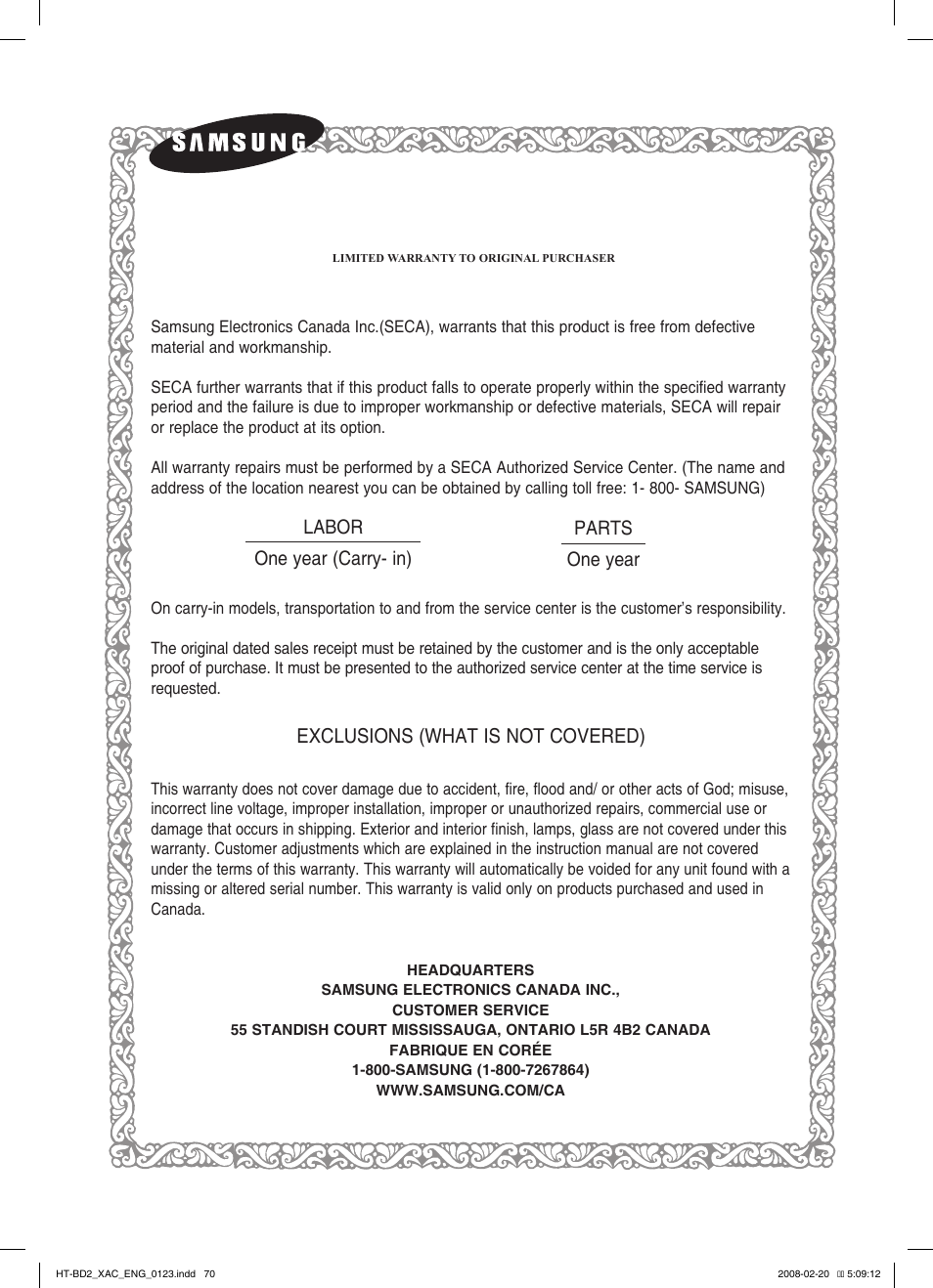 Exclusions (what is not covered) | Samsung AH68-02019S User Manual | Page 71 / 72