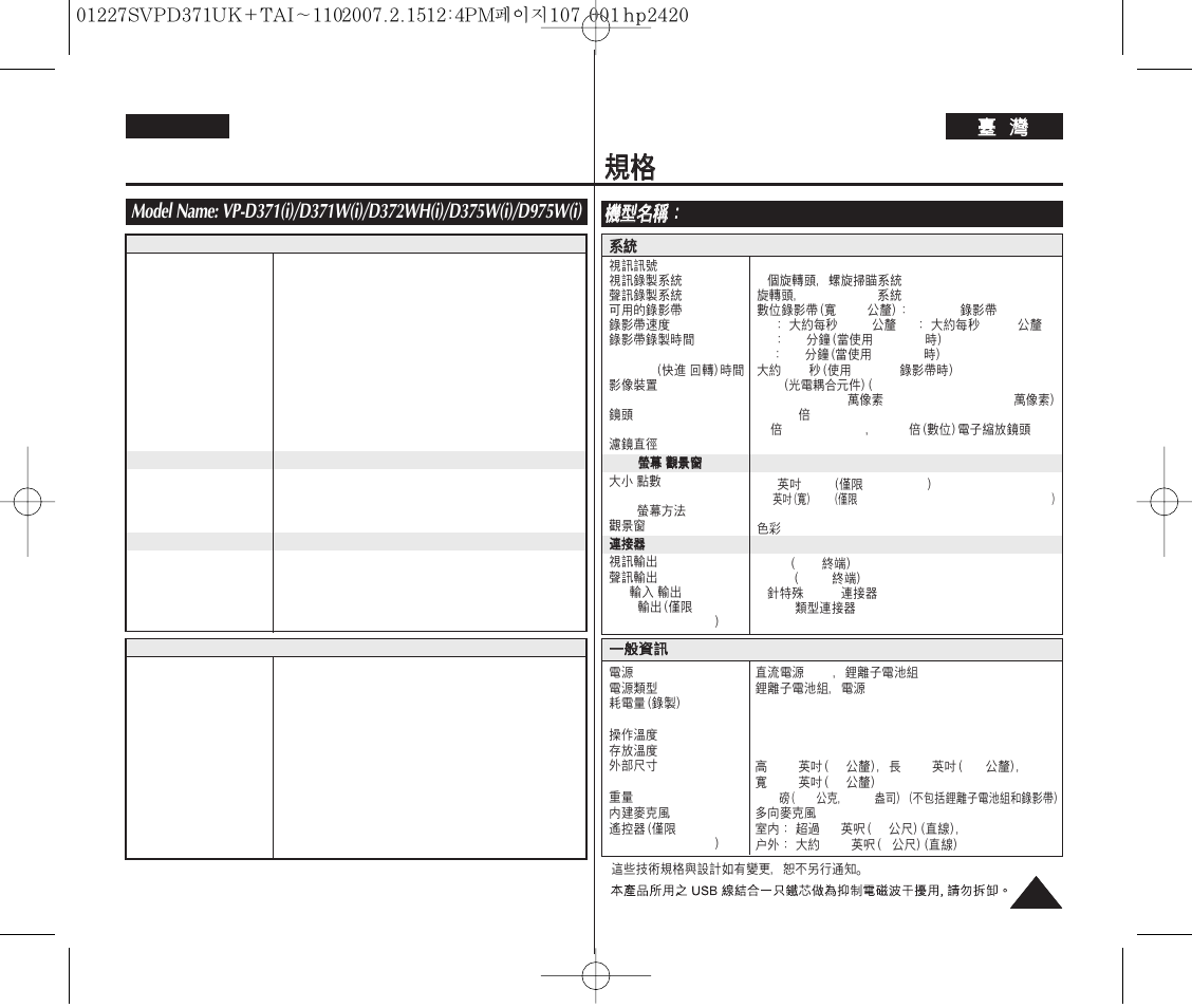 Specifications, English | Samsung D371W(i) User Manual | Page 107 / 110