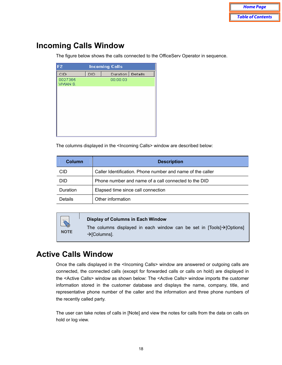 Incoming calls window, Active calls window | Samsung OfficeServ User Manual | Page 24 / 100