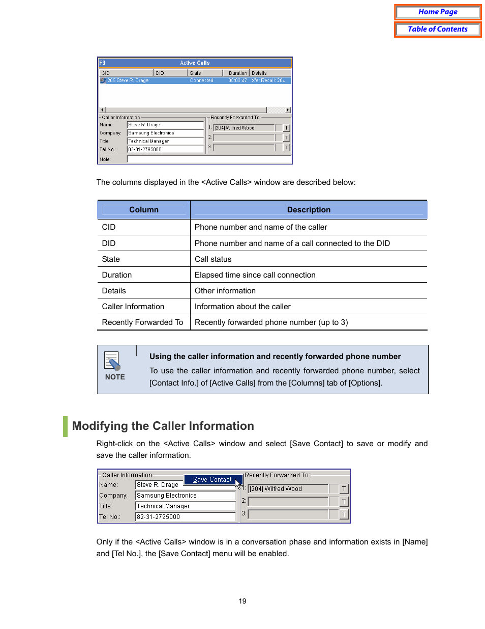 Modifying the caller information | Samsung OfficeServ User Manual | Page 25 / 100