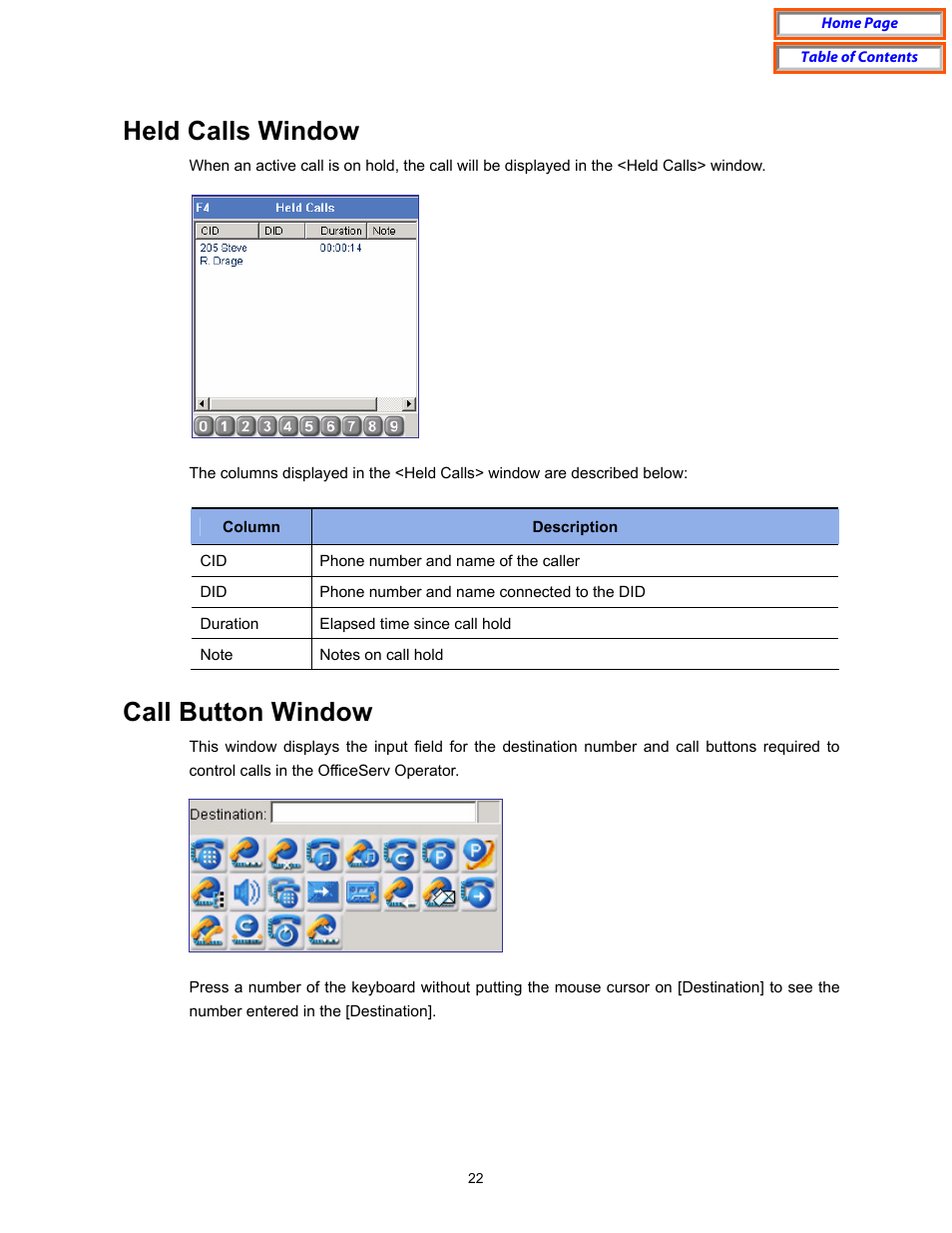 Held calls window, Call button window | Samsung OfficeServ User Manual | Page 28 / 100