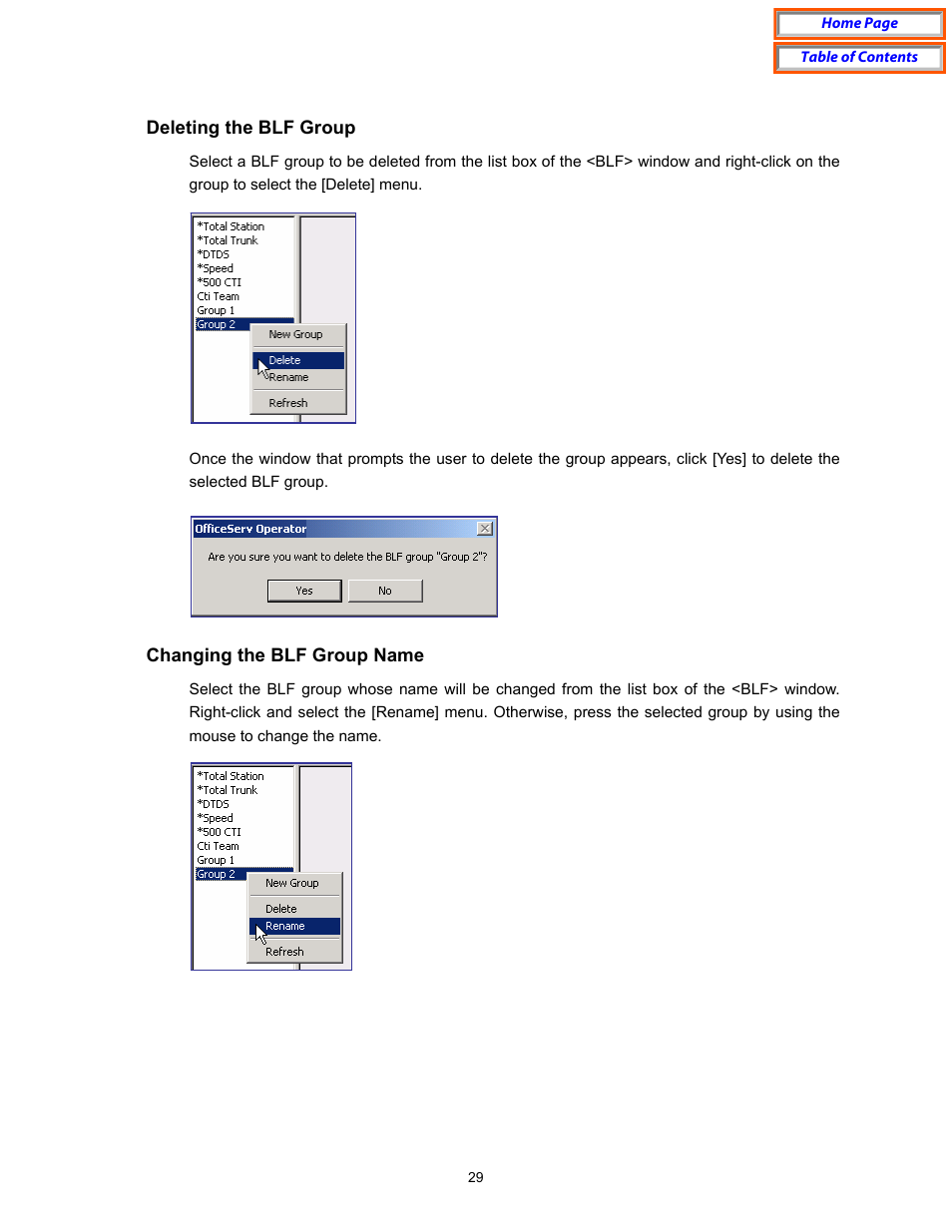 Deleting the blf group, Changing the blf group name | Samsung OfficeServ User Manual | Page 35 / 100