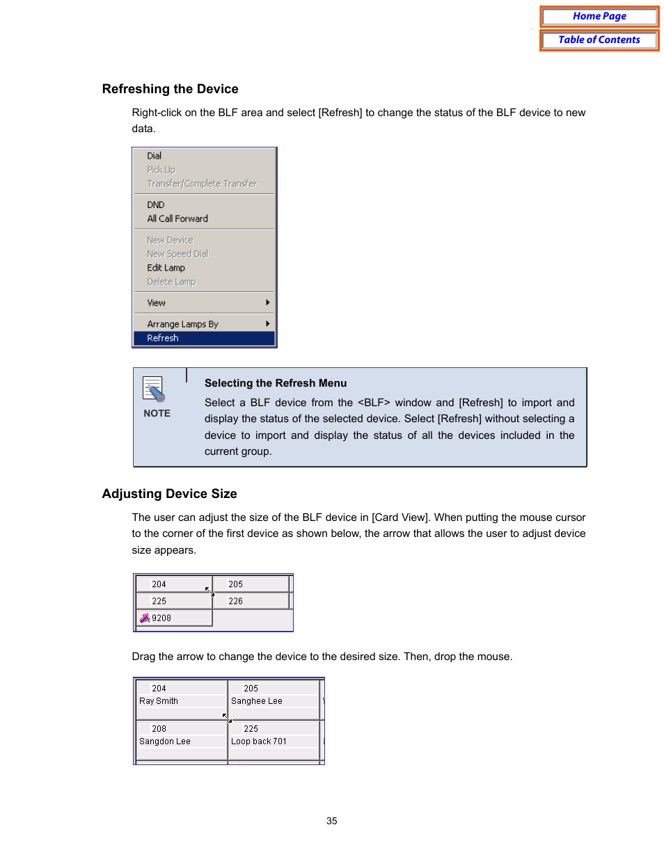 Refreshing the device, Adjusting device size | Samsung OfficeServ User Manual | Page 41 / 100