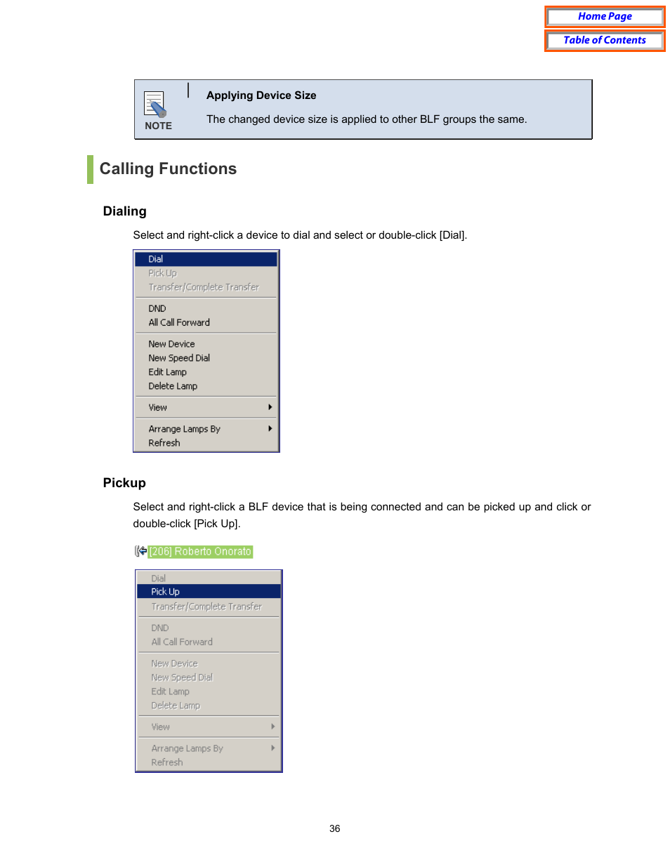 Calling functions, Dialing, Pickup | Samsung OfficeServ User Manual | Page 42 / 100