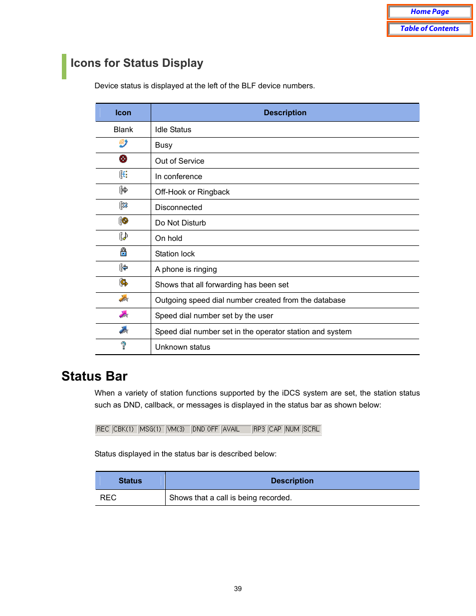 Icons for status display, Status bar | Samsung OfficeServ User Manual | Page 45 / 100