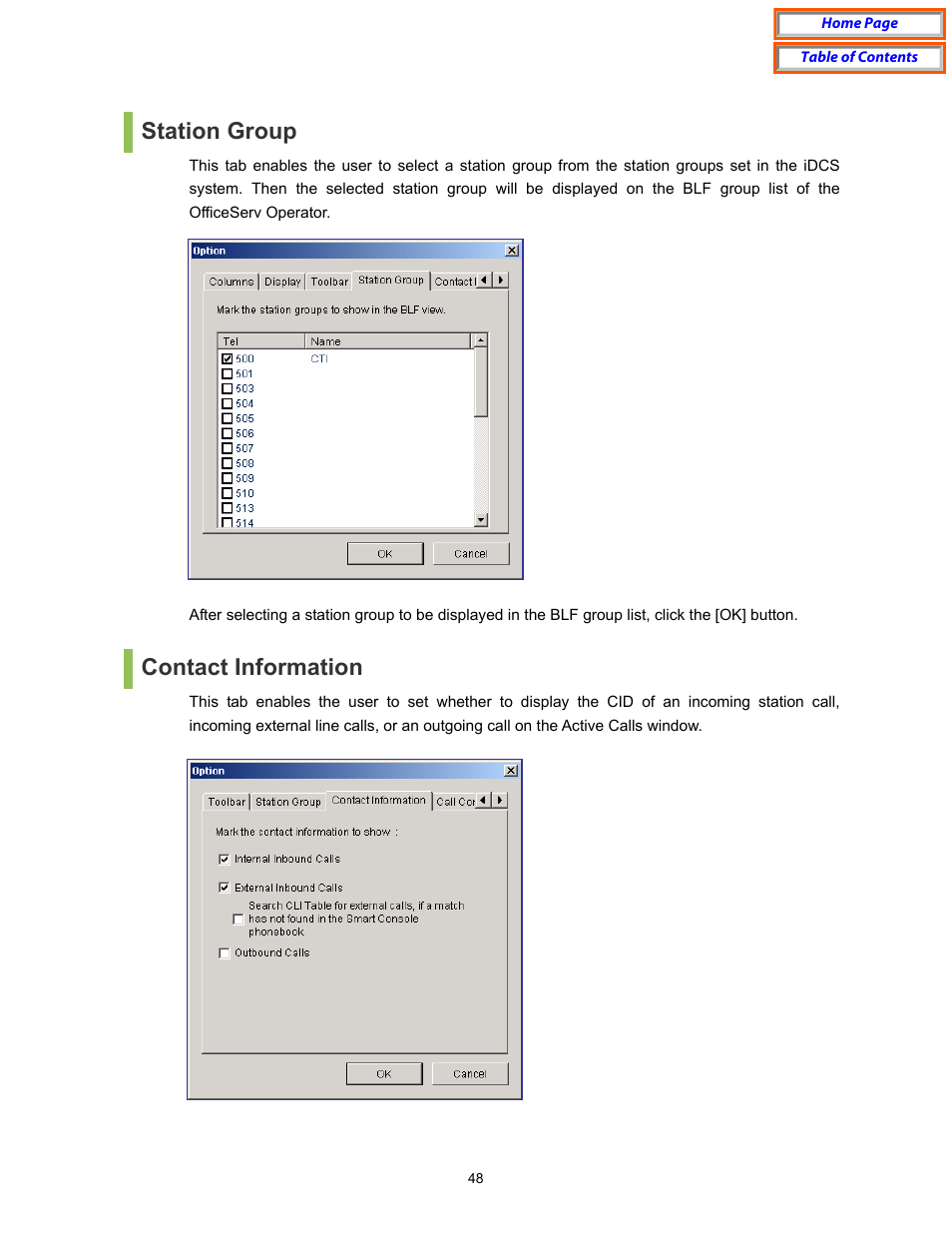 Station group, Contact information | Samsung OfficeServ User Manual | Page 54 / 100