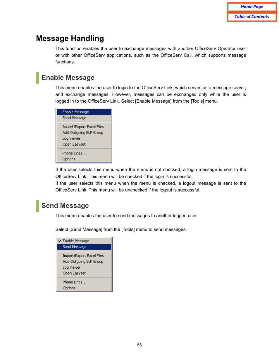 Message handling, Enable message, Send message | Sends messages to another station, For details, Refer to ‘message processing | Samsung OfficeServ User Manual | Page 61 / 100