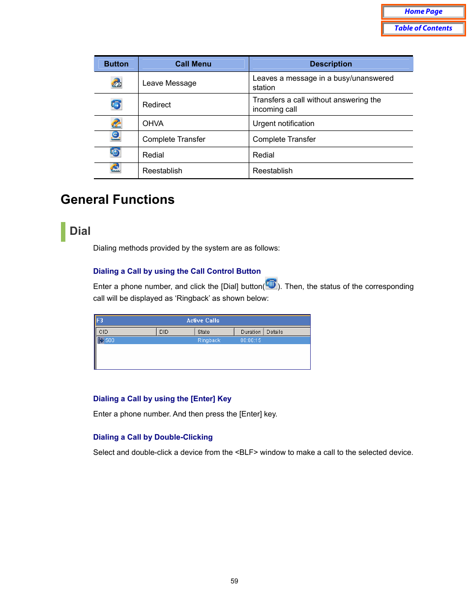 General functions, Dial | Samsung OfficeServ User Manual | Page 65 / 100