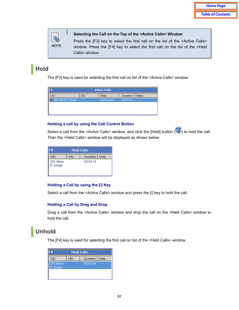 Hold, Unhold | Samsung OfficeServ User Manual | Page 68 / 100