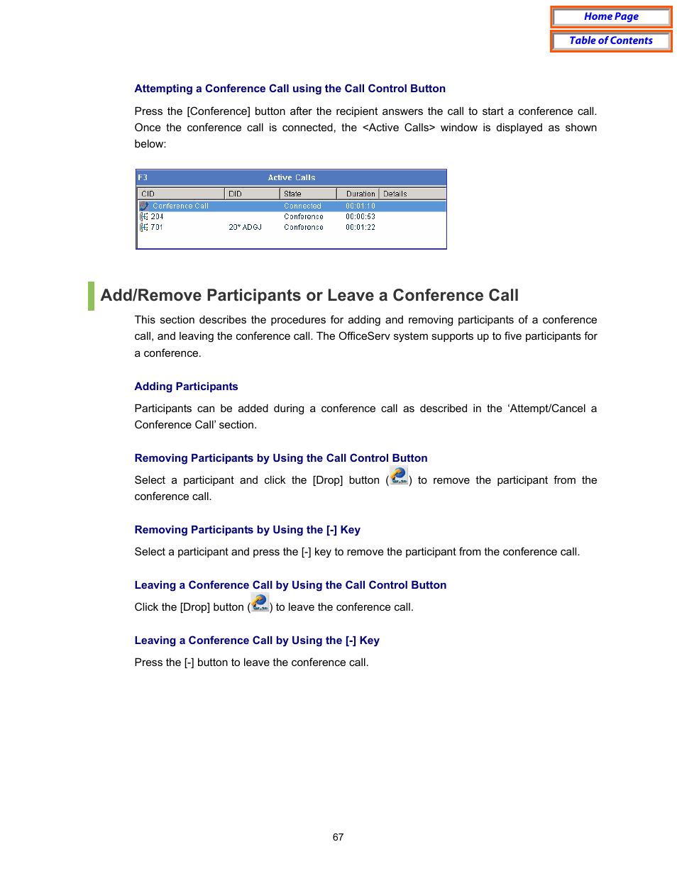 Add/remove participants or leave a conference call | Samsung OfficeServ User Manual | Page 73 / 100