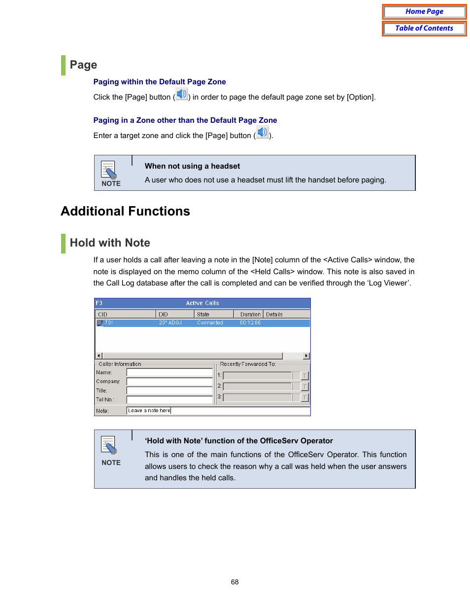 Additional functions, Hold with note, Page | Samsung OfficeServ User Manual | Page 74 / 100
