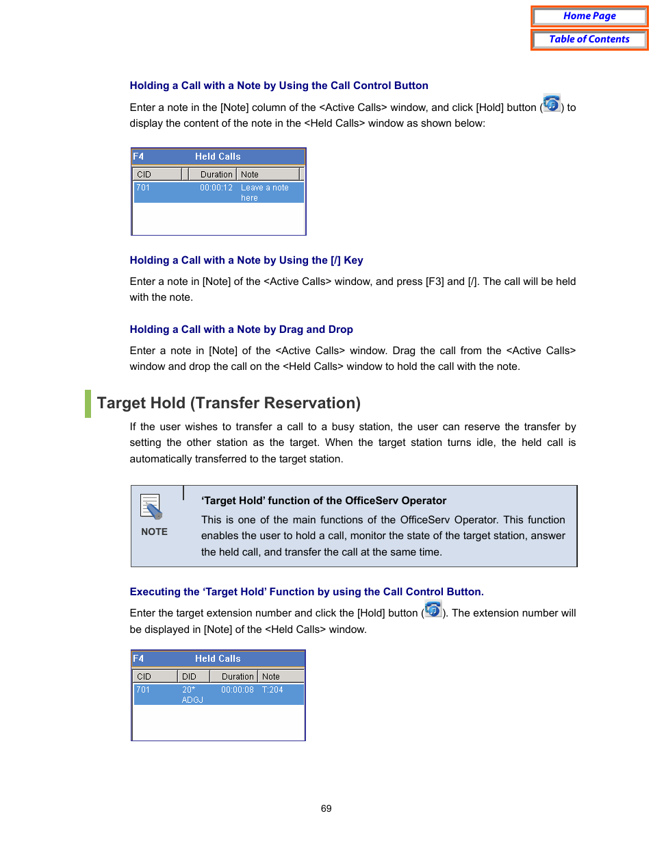 Target hold (transfer reservation) | Samsung OfficeServ User Manual | Page 75 / 100