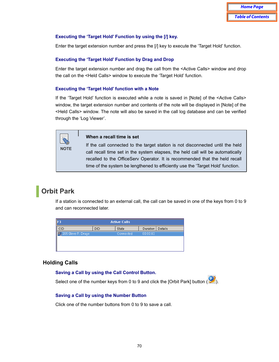 Orbit park, Holding calls | Samsung OfficeServ User Manual | Page 76 / 100