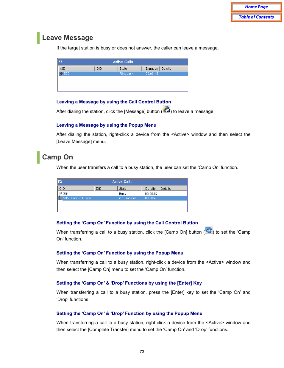 Leave message, Camp on | Samsung OfficeServ User Manual | Page 79 / 100