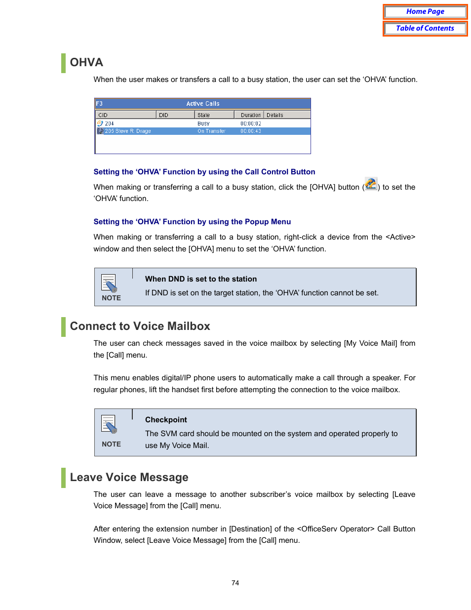 Ohva, Connect to voice mailbox, Leave voice message | Samsung OfficeServ User Manual | Page 80 / 100