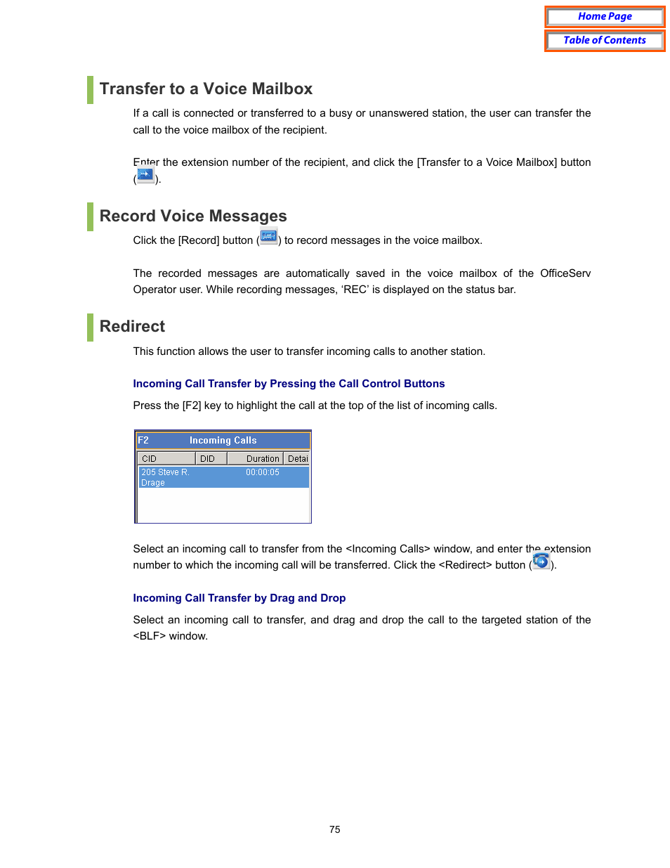 Transfer to a voice mailbox, Record voice messages, Redirect | Samsung OfficeServ User Manual | Page 81 / 100
