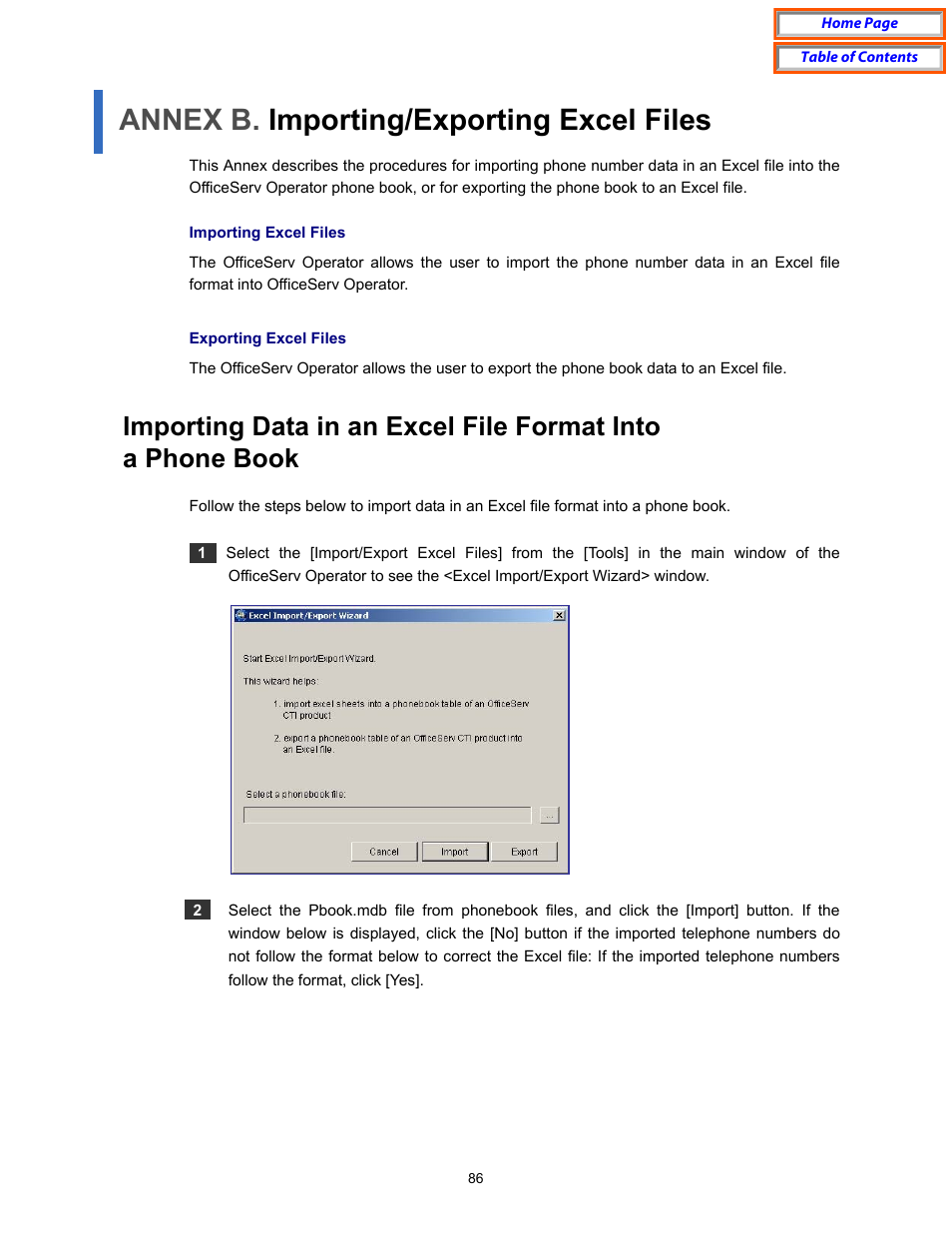 Annex b. importing/exporting excel files, For details, refer to ‘annex b, Importing/exporting excel files | Samsung OfficeServ User Manual | Page 92 / 100