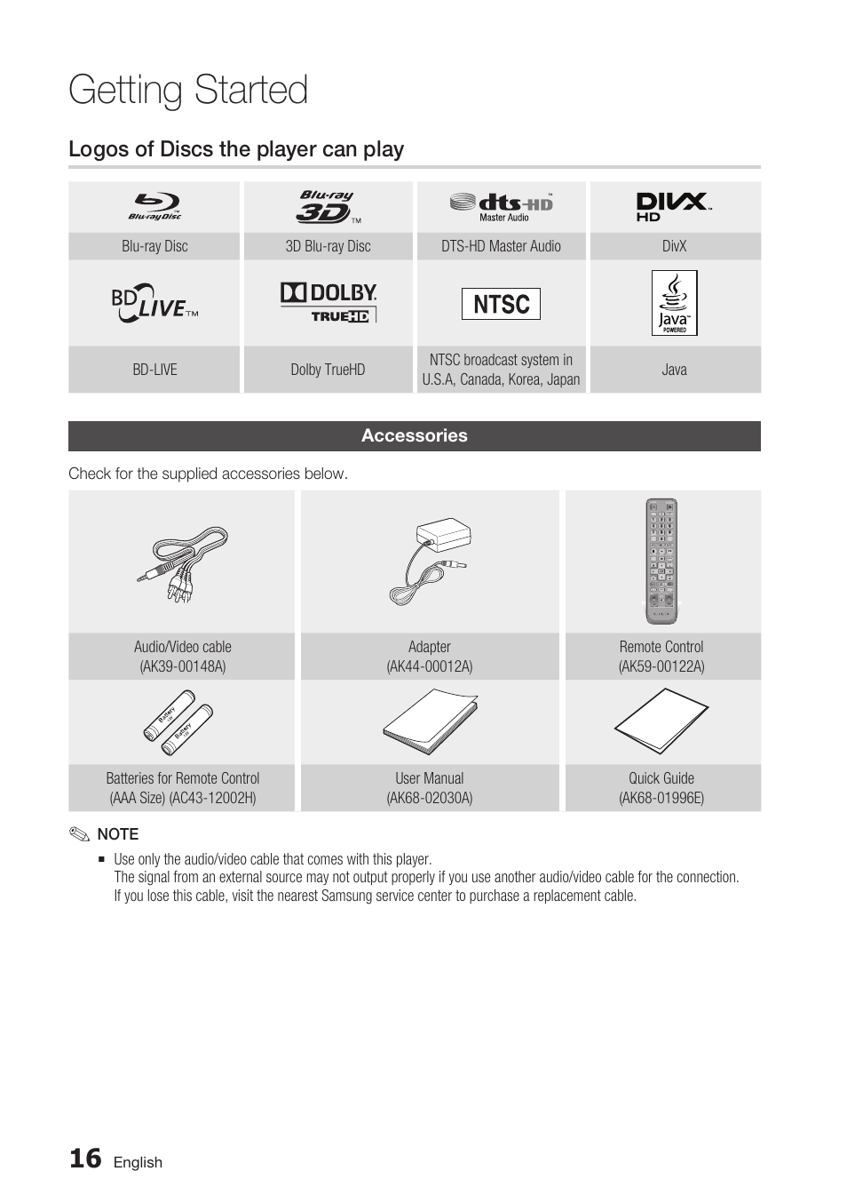 Logos of discs the player can play, Accessories, Getting started | Samsung BD-D7000 User Manual | Page 16 / 74