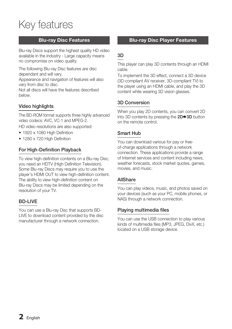 Key features, Blu-ray disc features, Blu-ray disc player features | Samsung BD-D7000 User Manual | Page 2 / 74