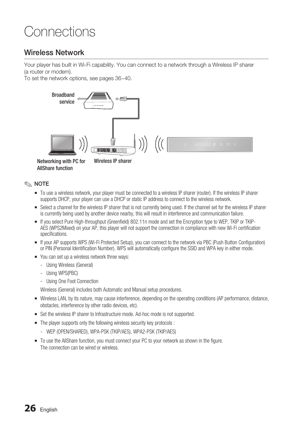 Wireless network, Connections | Samsung BD-D7000 User Manual | Page 26 / 74