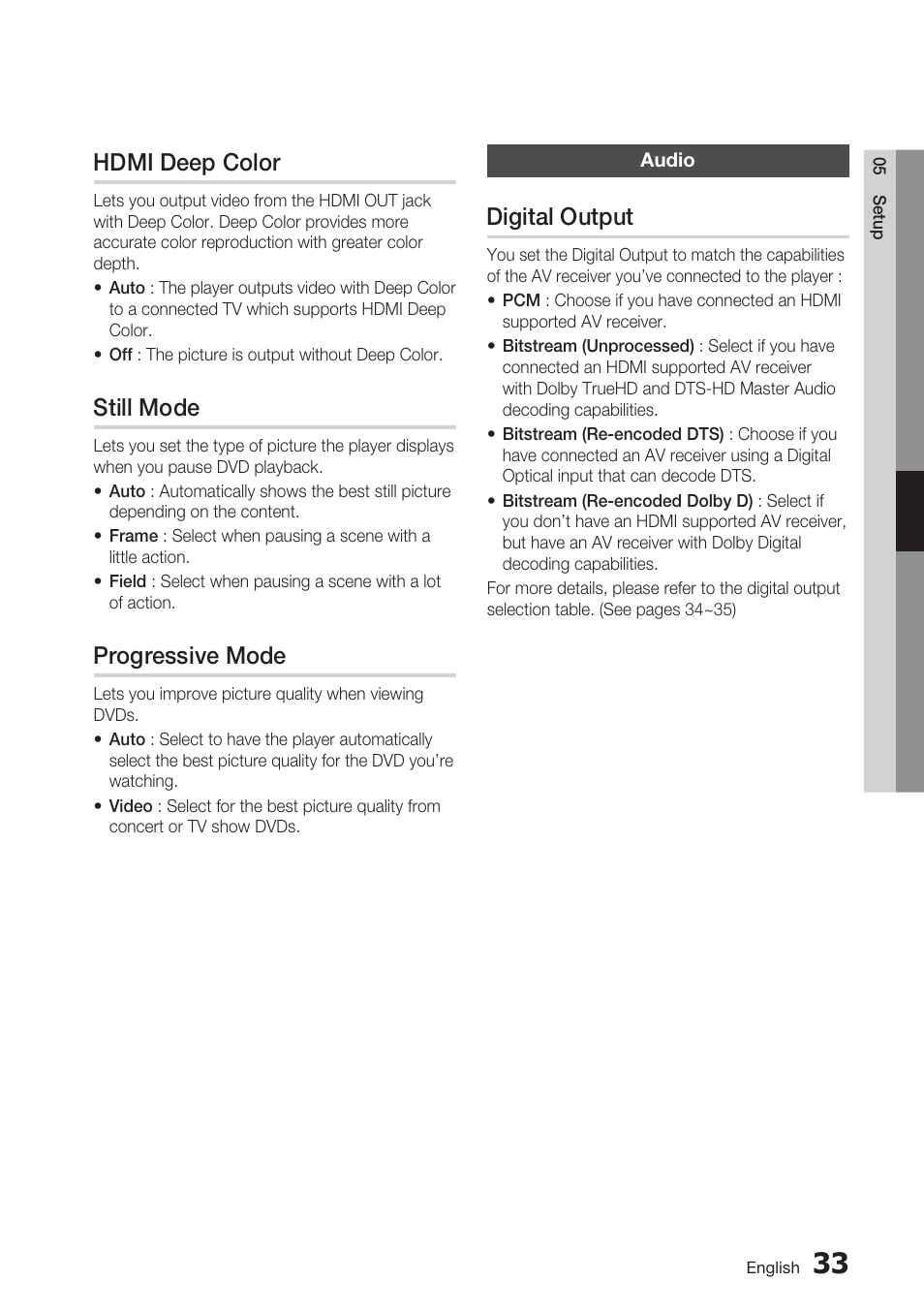 Hdmi deep color, Still mode, Progressive mode | Audio, Digital output | Samsung BD-D7000 User Manual | Page 33 / 74