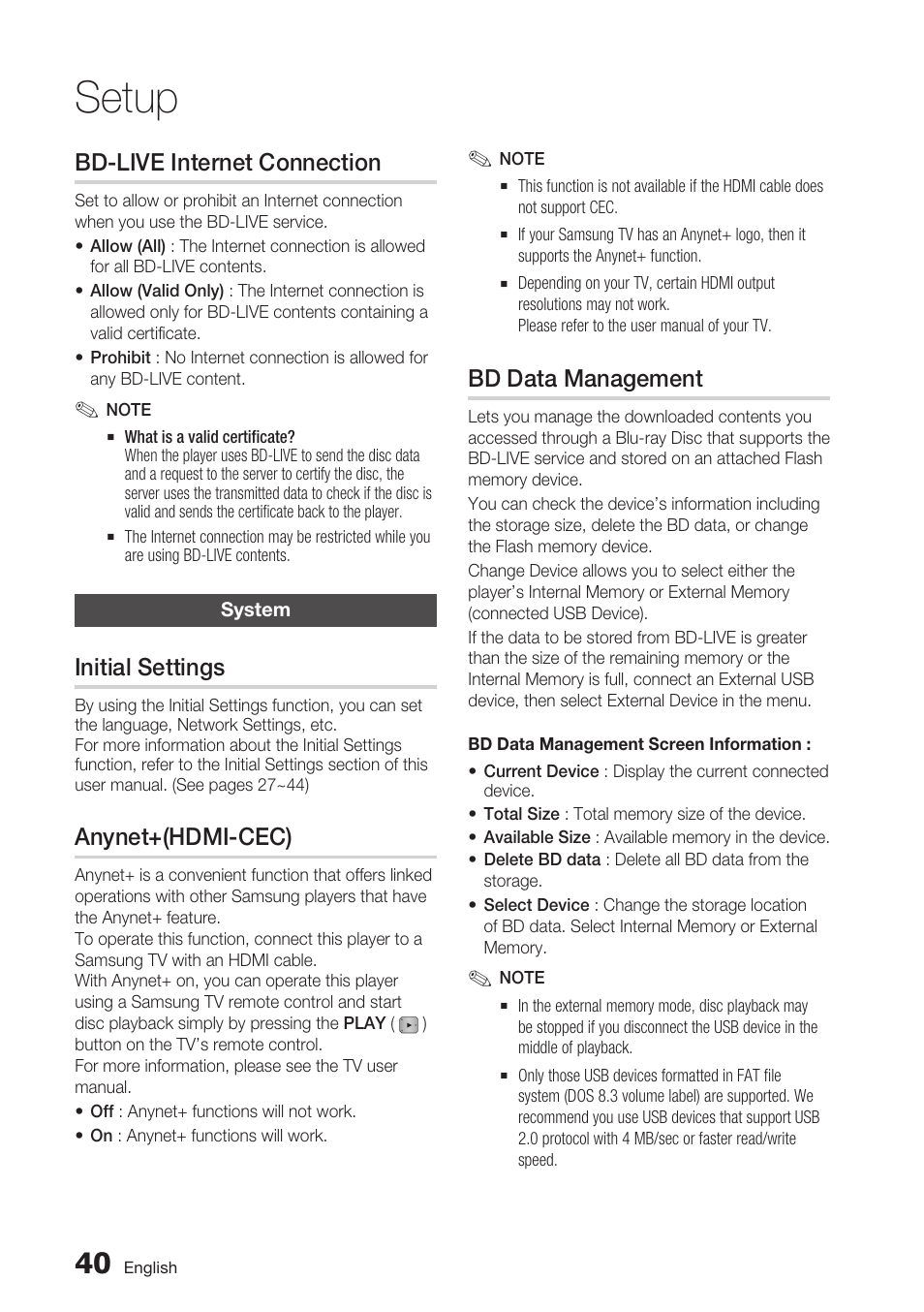 Bd-live internet connection, System, Initial settings | Anynet+(hdmi-cec), Bd data management, Setup | Samsung BD-D7000 User Manual | Page 40 / 74