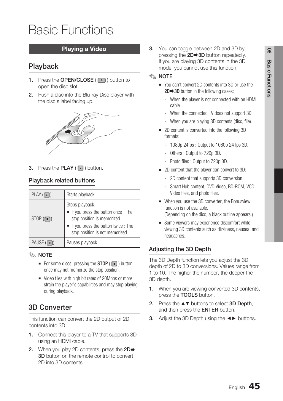 Basic functions, Playing a video, Playback | 3d converter | Samsung BD-D7000 User Manual | Page 45 / 74