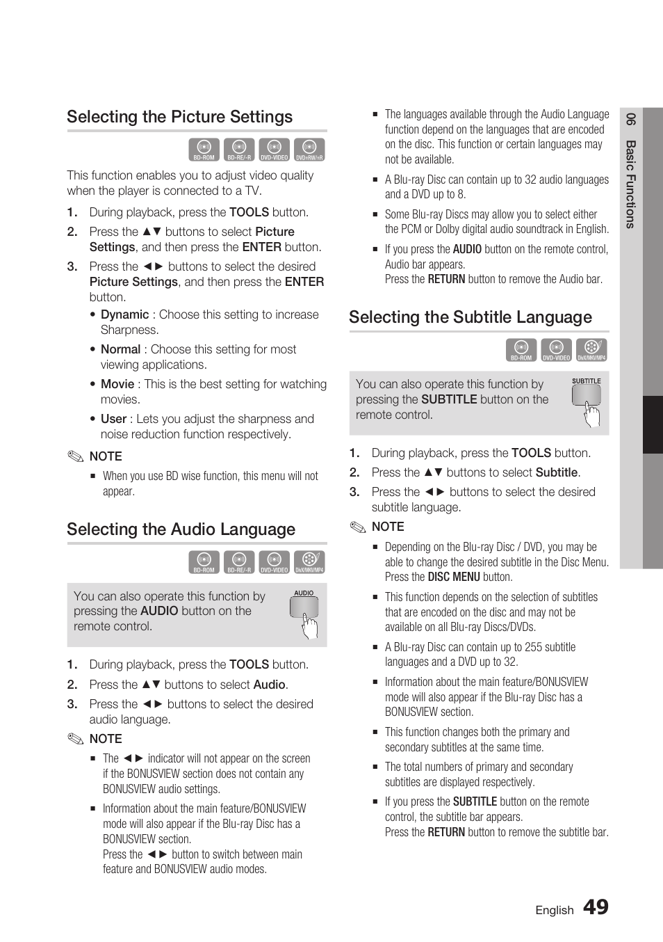 Selecting the picture settings, Selecting the audio language, Selecting the subtitle language | Samsung BD-D7000 User Manual | Page 49 / 74