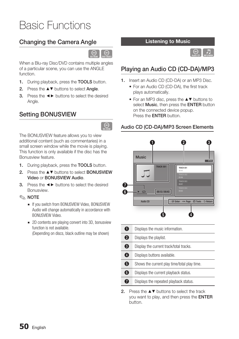 Changing the camera angle, Setting bonusview, Listening to music | Playing an audio cd (cd-da)/mp3, Basic functions | Samsung BD-D7000 User Manual | Page 50 / 74