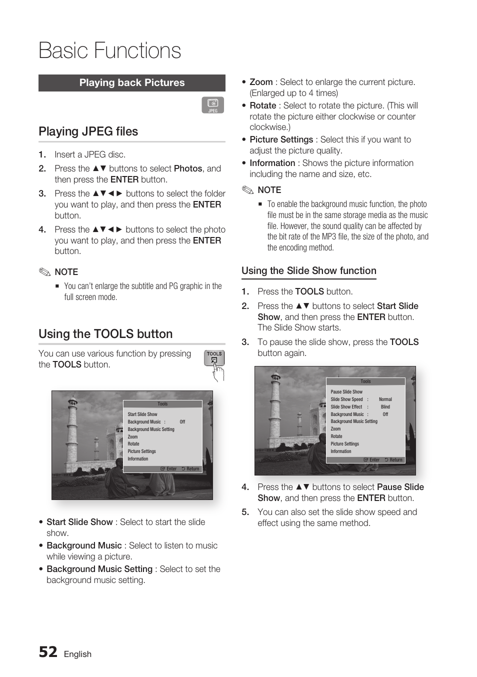 Playing back pictures, Playing jpeg files, Using the tools button | Basic functions | Samsung BD-D7000 User Manual | Page 52 / 74
